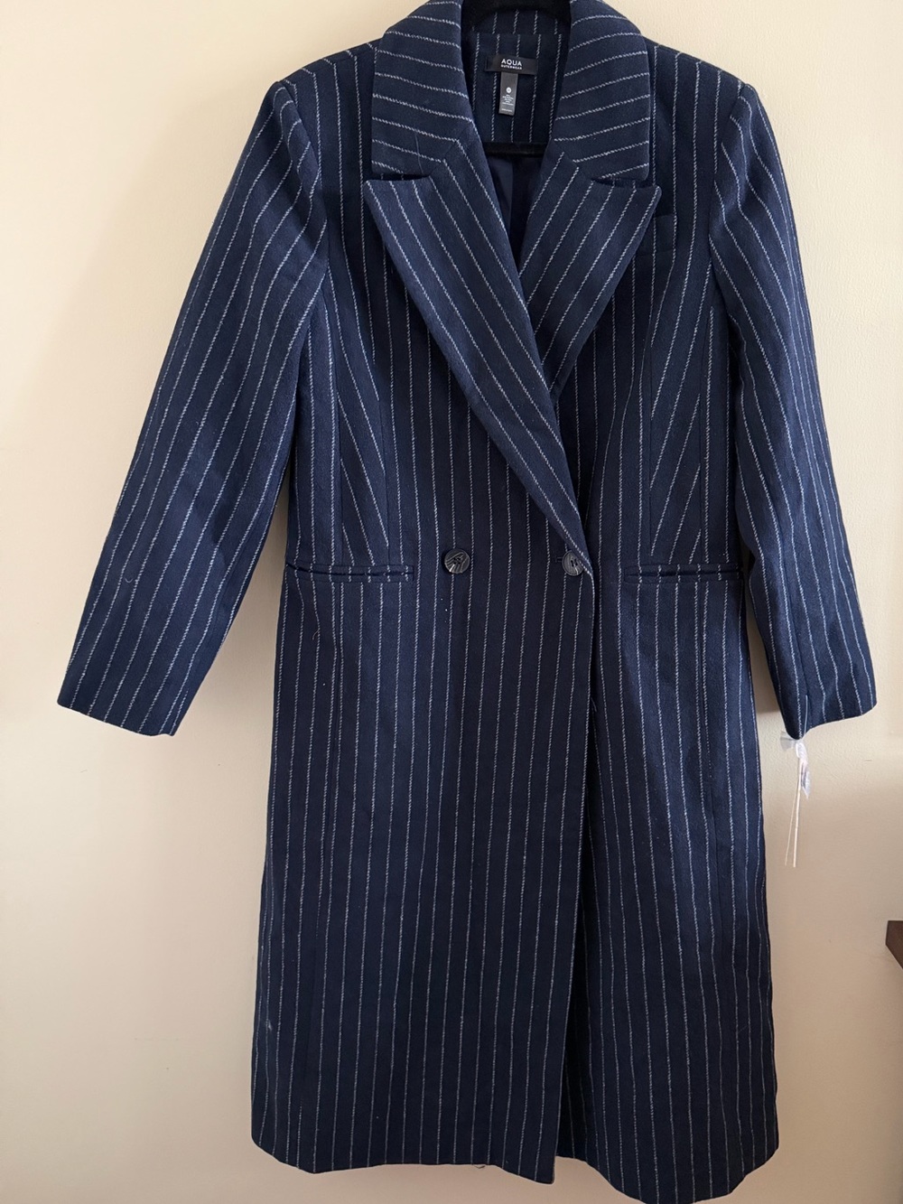 New! Aqua Navy Pinstripe Long Coat - Picture 2 of 4